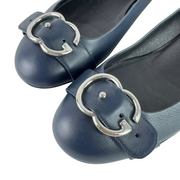 GUCCI Sachalin Navy Blue Leather GG Front Logo Cap Toe Ballet Flats 41 - 11US